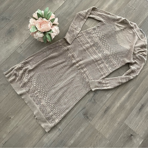 Belldini Taupe Boho Open Knit Extra Long Duster Cardigan Sweater - Picture 4 of 6